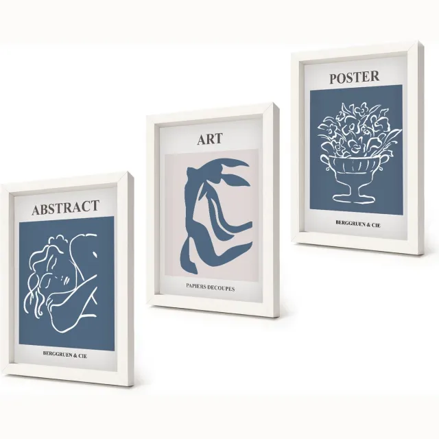 Coloray 3-Delige Schilderij Set - Stijlvolle abstracte patronen met figuren en bloemen van Matisse - 20x30 - Wanddecoratie - Schilderijen Set - Kantoor Witte lijst