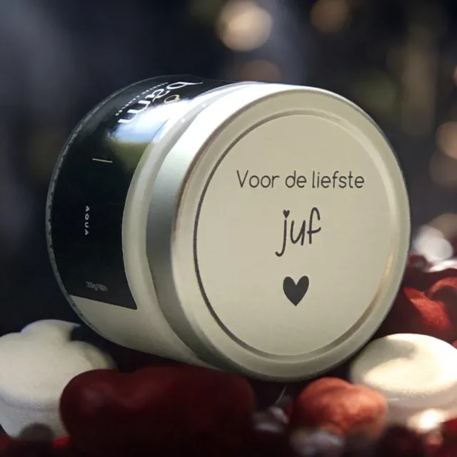Bam VANILLE geurkaars met opschrift "liefste juf" - met 2 wieken in een basic potje - 60 branduren (210g) - cadeautip - geschenk - vegan