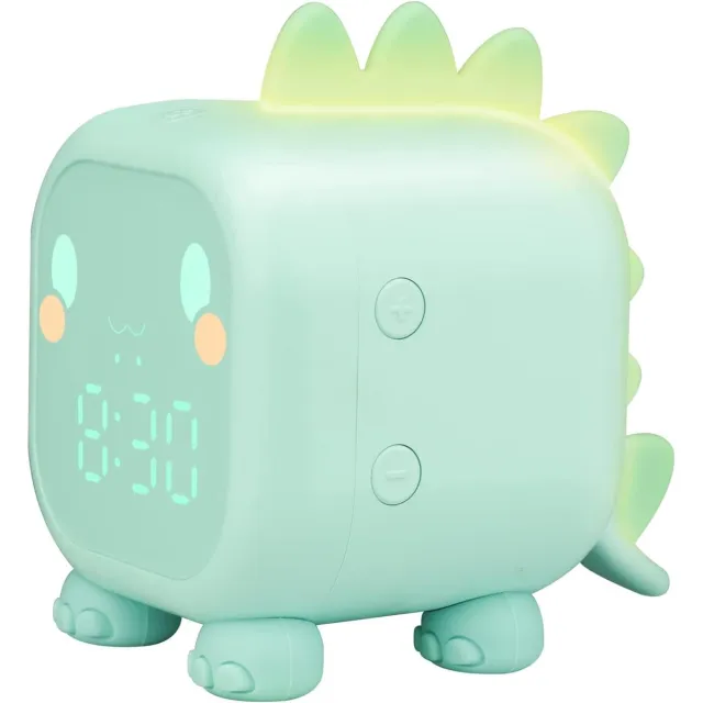 oneay Digitale wekker voor kinderen — Met dinosaurus-thema (unisex) — Multifunctionele, creatieve wekker met tijdsaankondiging — Ontworpen voor scholieren Groen