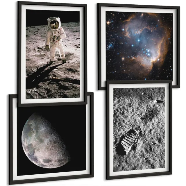 TULUP 4-Delige Schilderij Set - Foto's van astronautenvoetafdrukken op de maan - 40 x 40 cm en 40 x 60 cm - Moderne Wanddecoratie - Slaapkamer - Interieur Decoratie Zwarte lijst