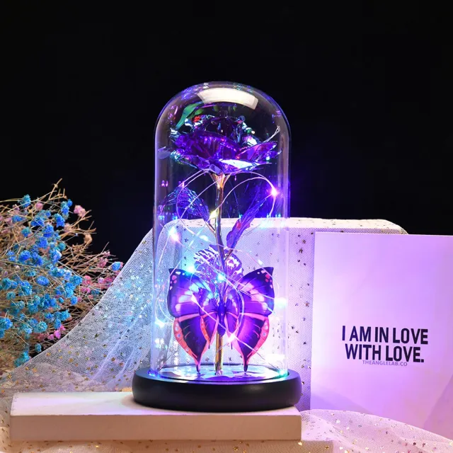 KZQ Rozen als Valentijnsdagcadeau, verjaardagscadeaus voor haar, glazen rozen met sterrenhemelmotief, rozen in een glazen koepel, eeuwige kristallen bloemen met vlinders, Valentijnsdagcadeaus voor dochters, moeders, echtgenotes en vriendinnen, roze.