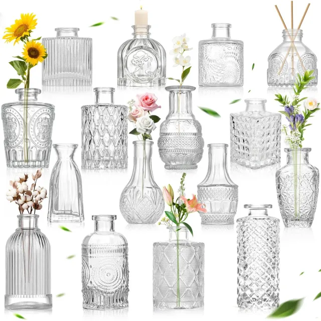 Unyqoos Set van 16 decoratieve mini glazen vazen voor tafeldecoratie en bruiloften, 16 stuks, Glas Kristal Antiek Goud