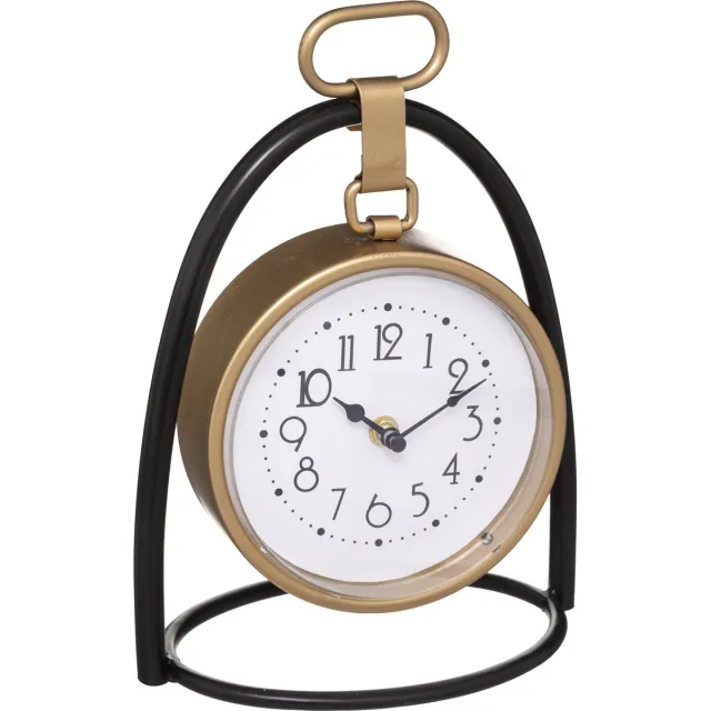 Atmosphera Tafelklok Athene - goud/zwart - H27 cm - Dia klok 18 cm - glas/metaal/mdf - op standaard Multicolore