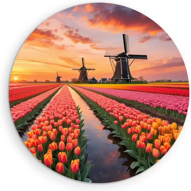 Saammp Muurcirkel Hout - Landschap - bloemenveld met molens en een zonsondergang - Natuur - Ø 50 - Wandcirkel - Wanddecoratie Cirkel - Muurdecoratie Woonkamer - Slaapkamer decoratie - Rond Schilderij