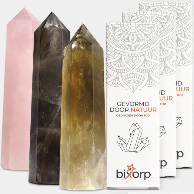 Bixorp Gems Edelsteen Punt set met Citrien + Rozenkwarts + Rookkwarts - Edelstenen Obelisk - Decoratieve Toren van 100% Natuurlijke Edelsteen - 6 tot 8cm