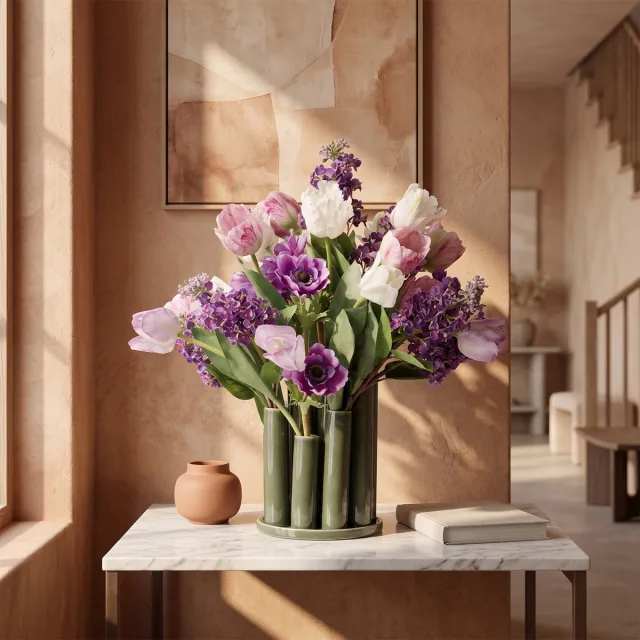 maxifleur Kunstplanten Kunstboeket Iris Istanbul 60cm inclusief twisted tubevaas Paars