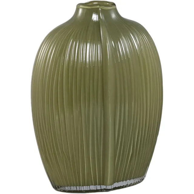 PTMD Jalisia Olive Glass Vase Oval Shape Ribbed High Groen