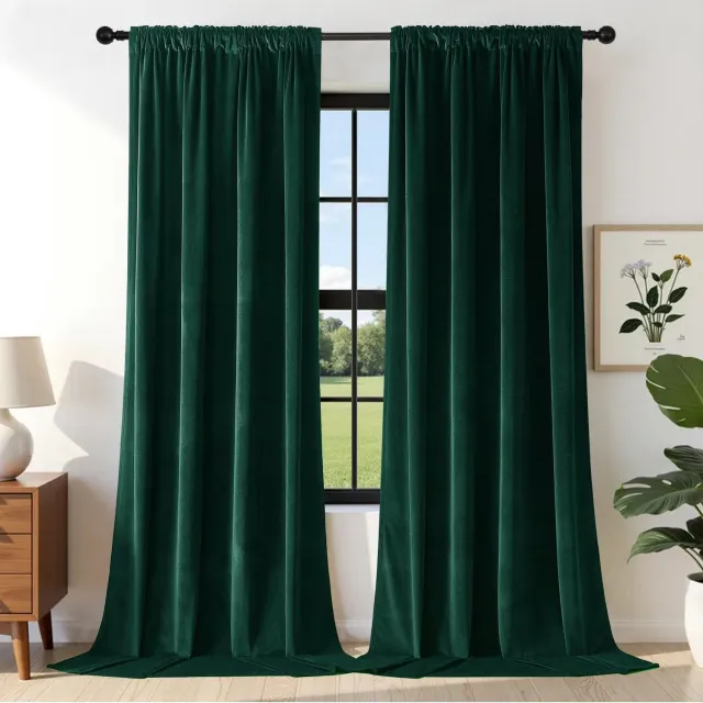 Famanu Fluwelen gordijnen set van 2 stuks, B 132 x H 245 cm, donkergroen, thermogordijnen voor koudebescherming, geluidsisolatie en verduistering, perfect voor slaapkamers en woonkamers