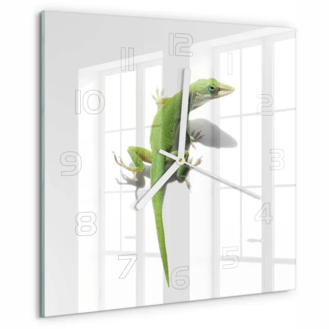 TULUP Wandklok - Groene hagedis Glazen Klok Met Print - 30x30 cm - Groente Wandklok Glas Met Motief - Witte handen - Vierkante Klok - Wandklok Glas Decoratie - Gekleurde Glazen Klok
