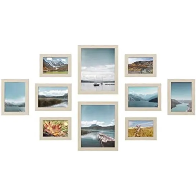 PromoHome Fotolijst Set van 10 Stuks - 20x25 cm, 13x18 cm en 10x15 cm Formaten - Natuurkleur MDF Lijsten met Kunststof Glas - Muur en Tafel Opties - Inclusief Ophangsystemen