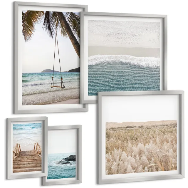 TULUP 4-Delige Schilderij Set - Ontspannend uitzicht op zee met strand en golven - 50 x 50 cm, 20 x 30 cm en 40 x 60 cm - Stijlvolle Muurdecoratie - Kantoor - Woonkamer Decoratie Zilveren lijst