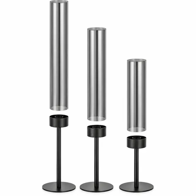 R H R&H® Kandelaar voor Staaskaarsen Zwart met Rookglas - Set van 3 Metalen Kandelaars met Windlicht - Moderne Tafeldecoratie voor Binnen & Buiten