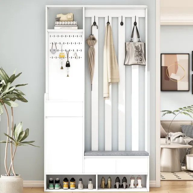 MODFU Kapstok 100x35x180 cm van MDF, vrijstaand met zitbank en opbergruimte, wit