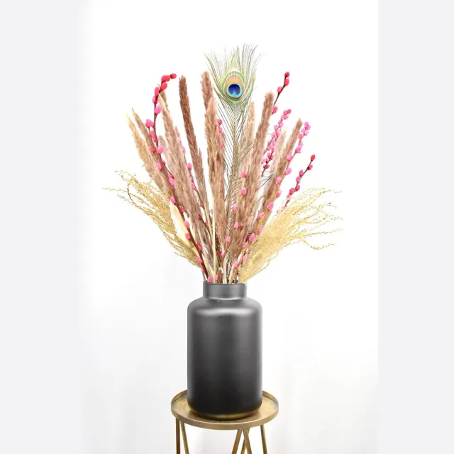 Natuurlijk Bloemen Droogbloemen in mat zwarte vaas - 60 cm - Pampas pluimen - Droogbloemen met vaas - Natuurlijk Bloemen Naturel