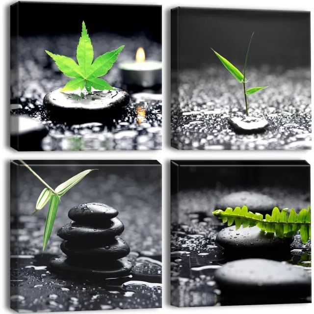 Ibenzoa Elegant Vierdelige Canvasprint met Groene Bladeren, Regen en Steen - Moderne Wanddecoratie voor Elke Ruimte zwart