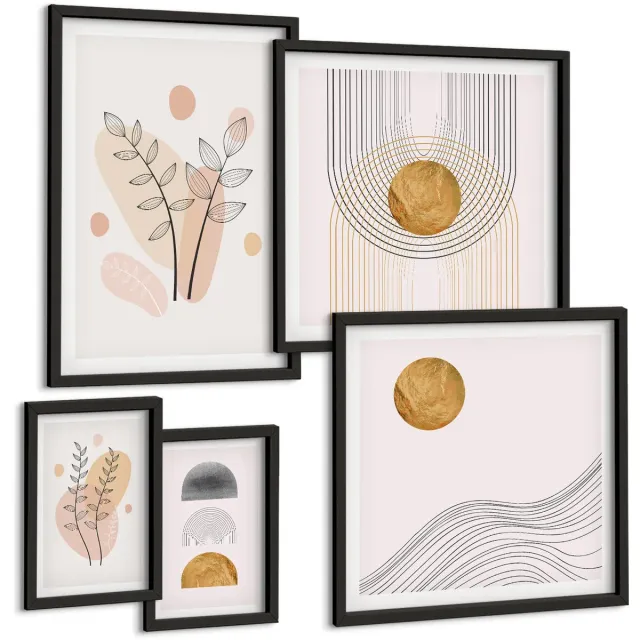 Coloray 5-Delige Schilderij Set - Stijlvolle Decoraties In Een Minimalistisch Design Met Planten. - 50 x 50 cm, 20 x 30 cm En 40 x 60 cm - Wanddecoratie - Muurdecoratie - Woonkamer - Woonkamer Decoratie Zwarte lijst