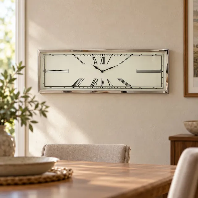 Hoppa! Smalle horizontale wandklok met Romeinse cijfers - Crème/Chroom - 5 x 61 x 20 cm (B x D x H)