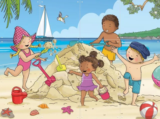 IXXI Fien & Teun spelen op het strand, Fien & Teun & Van Hoorne Studios - 80 x 60 cm - Grote wanddecoratie en posters - Fantasierijk, Illustraties Blauw / Beige