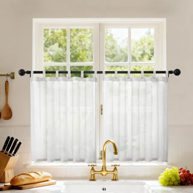 Unyqoos Transparante gordijnen met linnenlook voor keuken en woonkamer, set van twee 120x45 cm wit