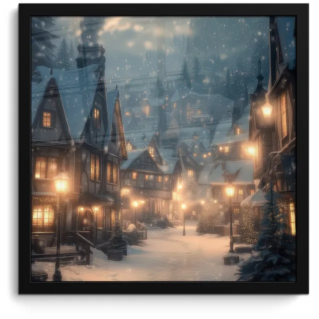FrameYourWall Poster in lijst - Fotolijst 40x40 cm - Posters - Winterdorp - Sneeuw - Donker - Posterlijst zwart - Decoratie - Wanddecoratie woonkamer - Muurdecoratie slaapkamer