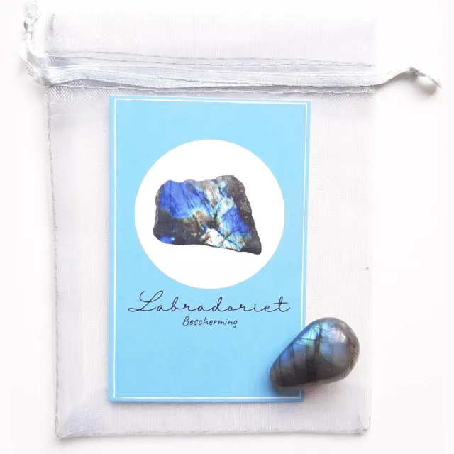 The Happymakers Edelsteen in zakje ''labradoriet'' trommelsteen, knuffelsteen, natuursteen, giftset, cadeautje