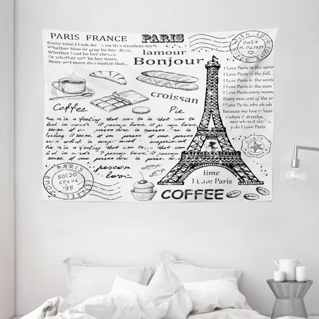 ABAKUHAUS Parijs Wandtapijt, Traditionele beroemde Parijse elementen Bonjour Croissan Koffie Eiffeltoren Print, 150 x 110 cm, Zwart-wit