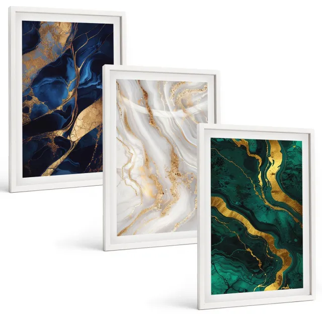 Coloray 3-Delige Schilderij Set - Abstracte Patronen In Blauw- En Groentinten. - 40 x 60 - Muurdecoratie - Wanddecoratie - Slaapkamer - Stijlvolle Muurdecoratie Witte lijst