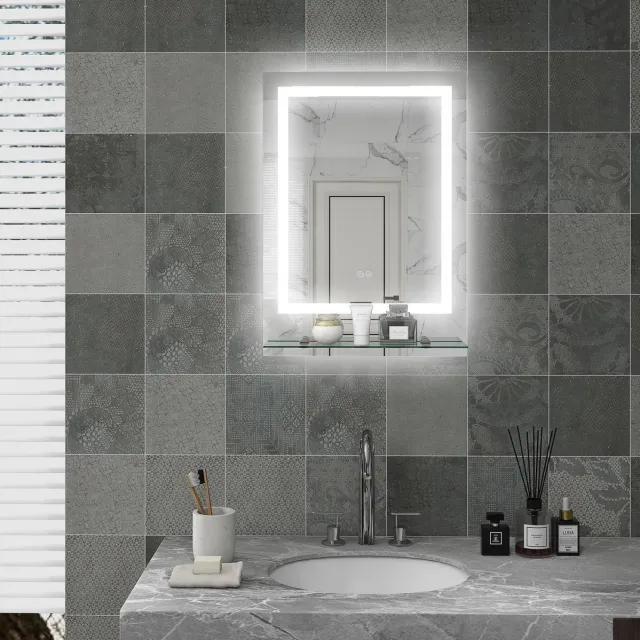 REDOM LED-badkamerspiegel - 3 instelbare lichtkleuren - Touchbediening en geheugenfunctie - Anti-condensfunctie - Glazen plank - Glas - Transparant - 70 x 50 x 2,7 cm transparent