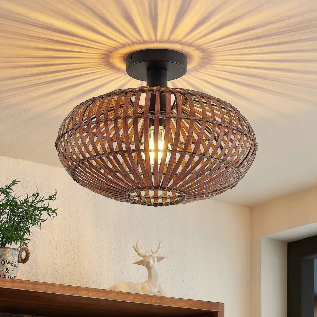 Lindby plafondlamp hout - 1licht - Bamboe, staal - H: 27.5 cm - E27 - donkerbruin, zwart
