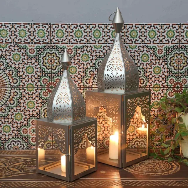 Orientflair Oosters windlicht Modena Zilver Set van 2 minaretten vorm | Marokkaanse glazen lantaarn als uit 1001 nacht