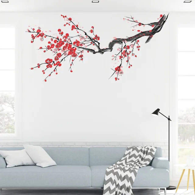 Ambiance Sticker Muurstickers - Bloeiende boomtak in rood - Transparante achtergrond - 80x105cm Multi color