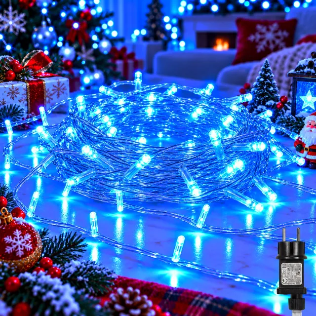 LAPAMAX Kerst Lichtsnoer Buiten IP44-Fairy Lights-LED Kerstverlichting Buiten-Lichtslinger met 8 Lichtstanden&Geheugen-Timer 6U/18U-Veilige 31V Laagspanning&Energiezuinig voor Tuin,Raam&Kerstboom-100 LED-10m-Blauw-1 Stuk