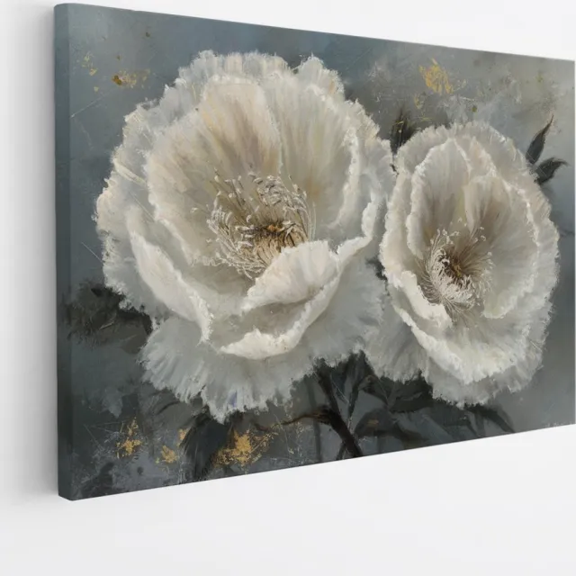 Saammp Canvas Schilderij - Witte Bloemen - blauw - Bloemen - Abstract - 50x40 - Foto op canvas - Wanddecoratie - Muurdecoratie Woonkamer - Kantoor Decoratie Multicolor