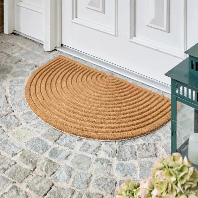 Famanu Moderne deurmat voor de voordeur, kokosmat 60 x 90 cm, halfrond en antislip, robuuste vuilvangmat voor binnen en buiten Zwart