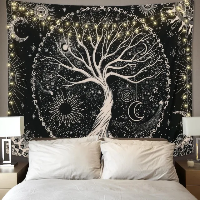 Ibenzoa Zwart Wandtapijt Met Levensboom, Zon En Maan Voor Slaapkamerdecoratie