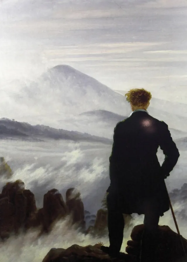 Esque Poster Caspar David Friedrich - Der Wanderer über dem Nebelmeer - 50x70 cm - Romantiek Zwart
