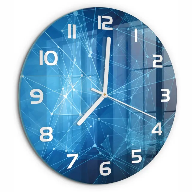 TULUP Wandklok - Blauwe lijnen Glazen Klok Met Print - fi30 cm - Blauw Wandklok Glas Met Motief - Witte handen - Ronde Klok - Wandklok Glas Decoratie - Gekleurde Glazen Klok