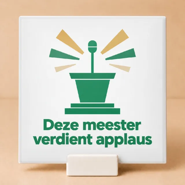 Bedruk King Vrolijke Meester ‘U verdient een pauzebel’ Tegel – Kleurrijke Popart Wanddecoratie voor Leerkrachten - 15 x 15 cm met houder Wit