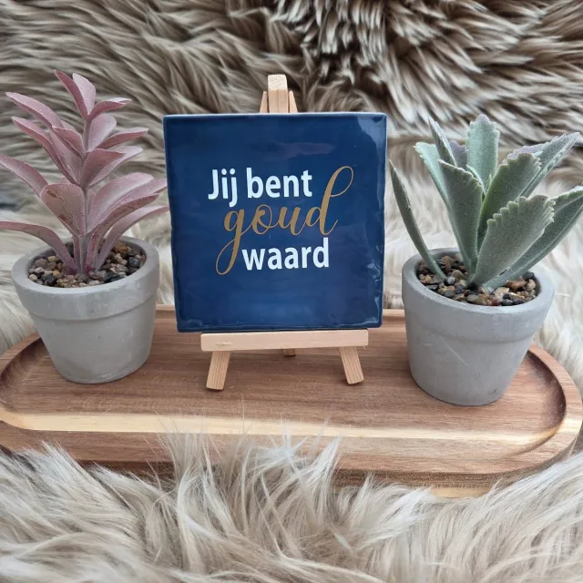 CreaCraft Robuust Wenstegeltje Jij Bent Goud Waard – Hip trendy tegeltje – Cadeau voor Vriendin, Juf, Zorgheld of Collega – Zomaar – Trendy nu – Deco – Stijlvolle Wanddecoratie – Decoratief Tegeltje met Standaard – Cadeau Idee