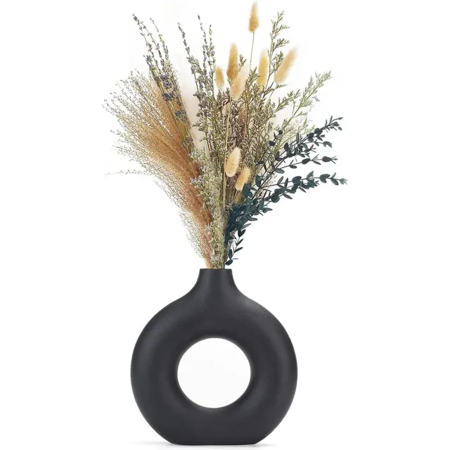 CEMABT Vaas voor pampasgras en gedroogde bloemen, keramische donutvaas, ronde vorm, moderne vaas als decoratie voor woonkamer, kantoor, mat zwart