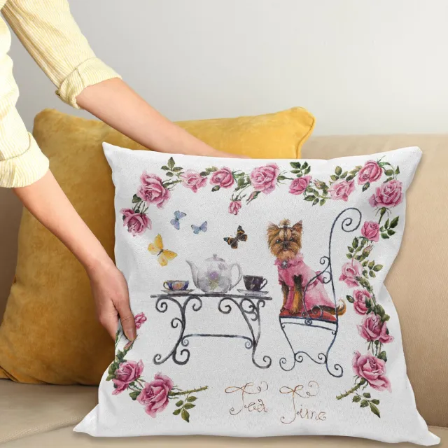 ABAKUHAUS Yorkie Kussenhoes, Terrier in rosafarbenen Kleid, Wasbare Kleurechte Kussenhoes met Digitale Dubbelzijdige Print en Ritssluiting, 45 x 45 cm, Lichtroze Wit