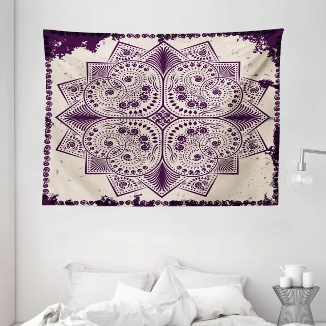 ABAKUHAUS Paars Mandala Wandtapijt en Sprei, Sneeuwvlokvorm, 230 x 140 cm, Donkerpaars en Grijswit Donkerpaars en grijs wit