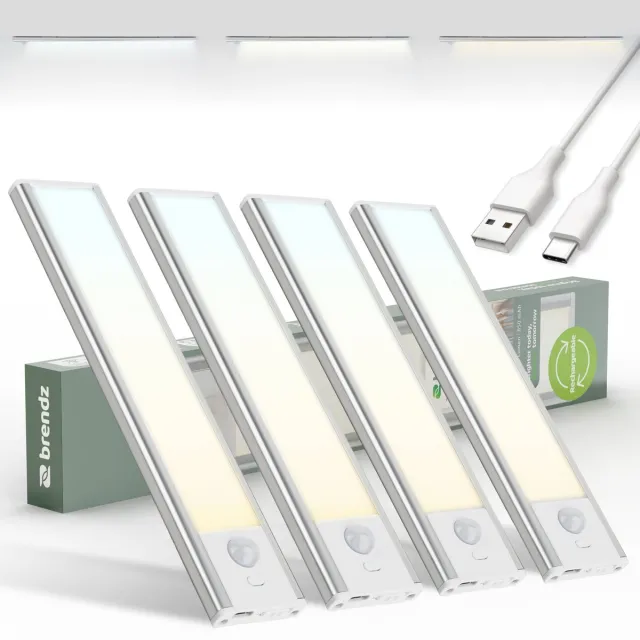 Brendz LED Kastverlichting met Bewegingssensor, USB-C Oplaadbare Led-Strip, 3 Kleurtemperaturen, Dimbaar, Draadloos, Magnetische Verlichting voor Kasten, Gangen, Slaapkamers, 4 x 20cm, Zilver Zilver - 20 cm
