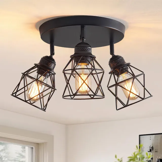 MUPOO Industriële Plafondlamp 3-Lichts - Plafonnière Zwart met 360° Verstelbare Draaibare Lampkoppen - Retro Metalen Kooi - 3x E27 Fitting - Inclusief 3 LED Lichtbronnen -plafondverlichting voor Woonkamer, Keuken, Hal en Eetkamer