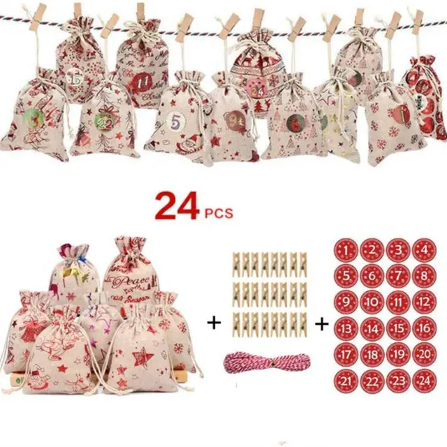 MOZY #1 DIY Adventskalender Zakjes - 24 Jute Zakjes - Rode Stickers - Inclusief Knijpertjes en Touw - Adventskalender Zelf Vullen - Kerstdecoratie - Kerst - Kerstcadeau - Aftellen Kerst Meerkleurig