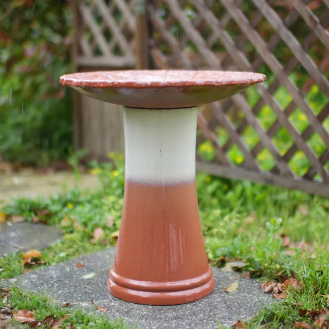 DESMIU Vogelbad Handgemaakt Keramiek Ø 43 Cm Hoog 45 Cm Rust Rood Wit Glansglasuur Voor Tuin Terras En Balkon