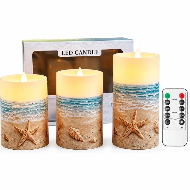 SWGOTA led kaarsen set van 3 met strandmotief, puntvormige vlam en warm licht, inclusief afstandsbediening, in bedrukte doos Blauw