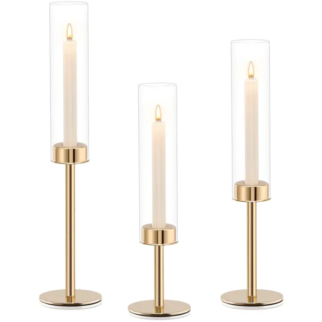 Flintry Glazen Kaarsenhouder Set (3 stuks) – Windbestendig – Kaarsenhouder – Diverse Maten – Geschikt Voor Bruiloften, Kerstfeesten En Haarddecoratie – Goud
