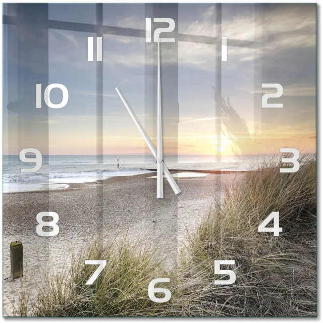 TULUP Wandklok - Zonsondergang en duinen Wandklok Glas Met Motief - 60x60 cm - Beige Decoratieve Glazen Klok - Witte handen - Vierkante Klok - Gekleurde Glazen Klok - Glazen Klok Met Print