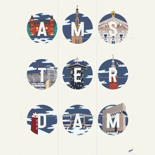 IXXI Amsterdam Icons, Art Studio Jet & Kunst in Kaart - 60 x 80 cm - Grote wanddecoratie en posters - Speels, Typografie, Grafisch Ontwerp, Kleurrijk Blauw / Wit / Lichte tinten